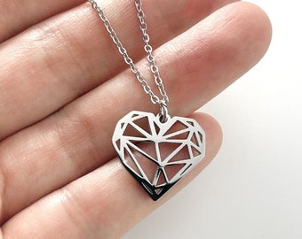 Diamond Heart Necklace, Statement Necklace, Edgy Punk Style Rock Cut Out Crystal Prism Necklace, Jewelry Best Friend Gift Unique Gift