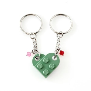 Heart Keychain Set - Made with Genuine LEGO® Bricks, Birthstone Crystals, Matching Couples and Best Friends, High Quality and Durable