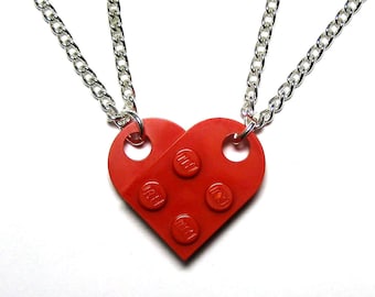 Heart Necklace Set - Made with Authentic LEGO® Bricks - 100% Stainless Steel Matching Friendship Necklaces, Gift for Couples, Best Friends