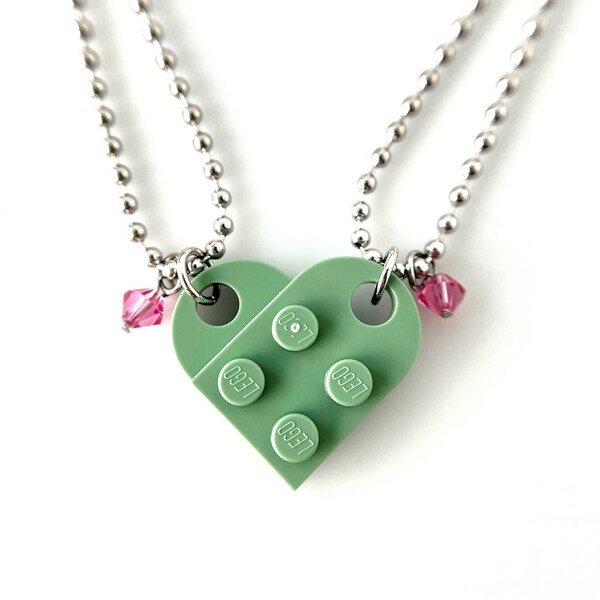 Heart Necklace Set - Made with Genuine LEGO® Bricks, Birthstone Crystals, Matching Best Friends, Made-in-USA High Quality Ball Chains 24"