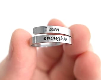 I Am Enough Ring, Self-Love or Friendship Jewelry, Wrapped Thumb Ring Adjustable, Self Care Reminder, Silver or 18K Gold Plated