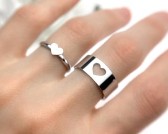Matching Friendship Couples Heart Ring Set Lover Rings His and Her Promise Rings Anniversary Gift Band Ring Set Layering Best Friend Rings