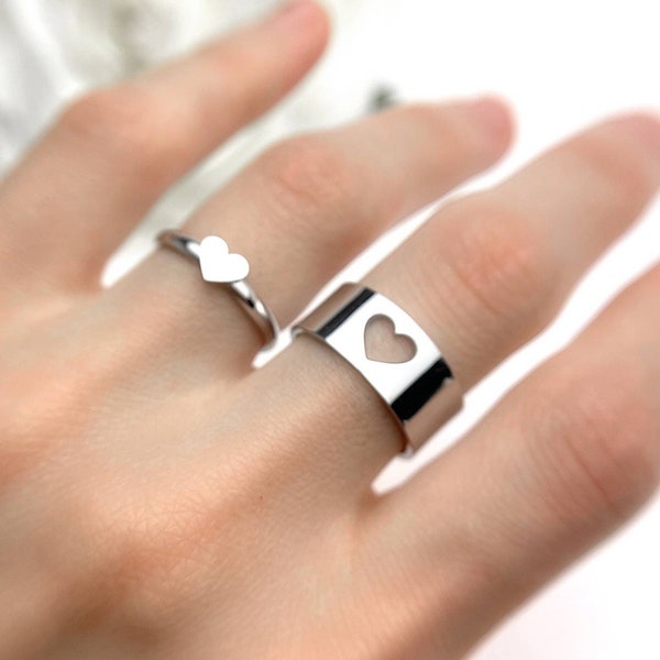 Matching Friendship Couples Heart Ring Set Lover Rings His and Her Promise Rings Anniversary Gift Band Ring Set Layering Best Friend Rings