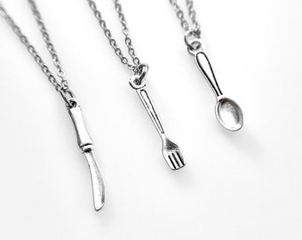 Matching Set of 3 Utensil Necklaces, Spoon Fork culinary, Best Friends Friendship Necklaces, Non-Tarnish Chains