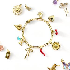 Personalized 18K Gold Charm Bracelet, Choose Your Charms, 18K Gold Plated Multi Charms, Customized Gift for Her, Stacking Layering Bracelets