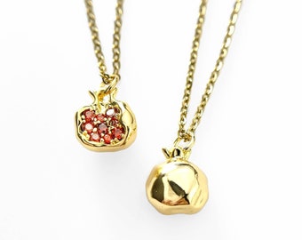 Pomegranate Necklace 18K Gold Plating and Red Cubic Zirconia Crystals, Beautiful Dainty Fruit - Symbolic Elegance and Prosperity Jewelry