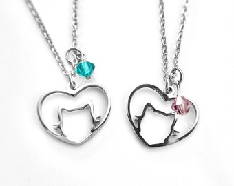 Cat Necklace Best Friends, Matching Couples or Friendship Necklaces with Birthstone, Animal Lovers, Kitten Necklace, !8K Gold or Silver