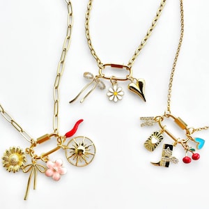 Build Your Own Custom Charm Carabiner Necklace, Pick Your Charms, Personalized Gift for Her, Vintage Chunky Necklace, Gold Multi Charms