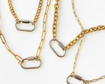 Mixed Metal 18K Gold Silver Carabiner Necklace, 100% Tarnish Free, WATERPROOF, Oval Charm Holder, Chunky & Standard Chains, Choose Lengths