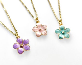 Matching Set of 3 Cherry Blossom Necklaces, Japanese Pink Purple Blue Flower Best Friends Friendship Necklaces, Non-Tarnish Chains