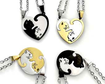 Matching Couples Cat Necklace Set, Best Friends BFF Gift - Feline, Kitty, Animal Lovers, Kitten, Gift for Boyfriend Girlfriend, Anniversary