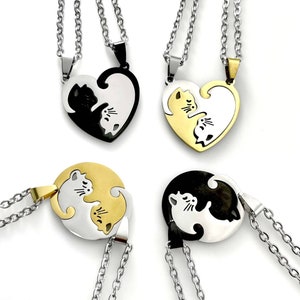 Matching Couples Cat Necklace Set, Best Friends BFF Gift - Feline, Kitty, Animal Lovers, Kitten, Gift for Boyfriend Girlfriend, Anniversary