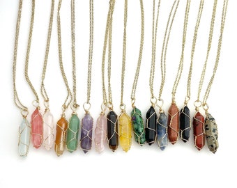 Crystal Wire Wrapped Necklace, Gemstone Pendant, Gems Bullet Crystals, Boho Bohemian Jewelry Rose Quartz, Amethyst, Opal, Aventurine