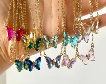 Crystal Butterfly Necklace, Beautiful Jewelry, Colorful Cubic Zirconia Butterflies, Gift for Her Dainty Layering Minimalist Charm Necklace