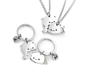 Matching Couples Cat Necklaces or Keychains, Custom Engraved Initials, Best Friend Gift Set, Animal Lovers, Boyfriend Girlfriend Anniversary