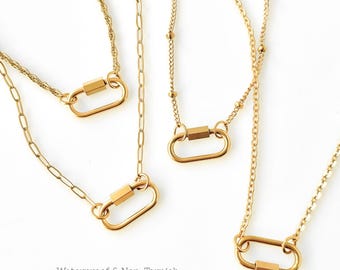 18K Gold Carabiner Necklace, 100% Tarnish Free, WATERPROOF, Oval Charm Holder, Layering Dainty Minimalist Chains, Choose Custom Length