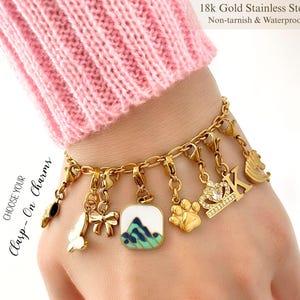 May include: A gold-colored charm bracelet with various charms, including a bow, a paw print, a crown, and a letter "K". The bracelet is on a wrist with a pink sweater. The text "CHOOSE YOUR Clasp-On Charms" and "18k Gold Stainless Steel Non-tarnish & Waterproof" are visible.