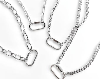 Silver Carabiner Necklace, Anti-Tarnish WATERPROOF, Oval Charm Holder, Chunky & Standard Chains, Choose Your Lengths, Layered Chains