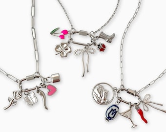 Custom Silver Carabiner Charm Necklace, Oval Charms Holder Clasp, Pick and Build Your Own Personalized Jewelry Gift for Her