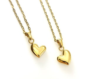 Golden Heart Necklace - Single or Matching Set of 2 Gold Plated Puffy Heart Necklaces, Gift for Best Friends, Mother's Day, Daughter