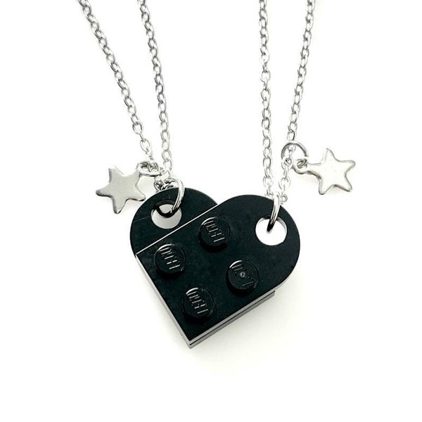Heart Necklace Set - Made with Authentic LEGO® Bricks - 100% Stainless Steel Matching Friendship Silver Star Gift for Couples, BFFs, Friends