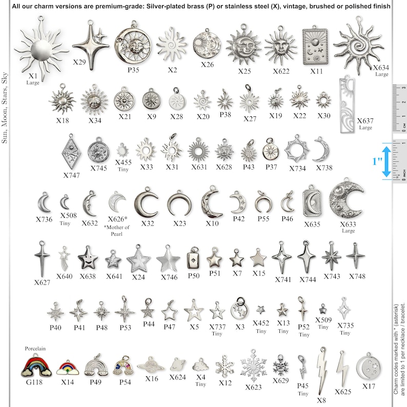 May include: A collection of silver-toned metal charms featuring sun, moon, and star motifs, along with rainbows and lightning bolts. Each charm is labeled with a code. A vertical ruler on the right shows a 1-inch scale for size reference.