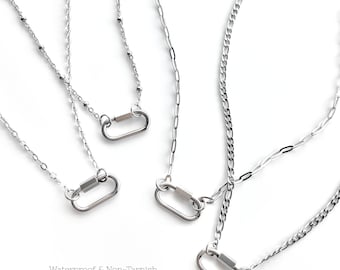 Collar con mosquetón de plata, 100 % libre de deslustre, resistente al agua, porta dijes ovalado, delicadas cadenas minimalistas, elige tu longitud, en capas
