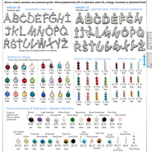 May include: A collection of silver-toned alphabet charms in two styles, labeled Initial 20 and 32, alongside various birthstone charms, Czech crystals, and natural gemstone beads. A 1-inch ruler is visible on the right for scale reference.