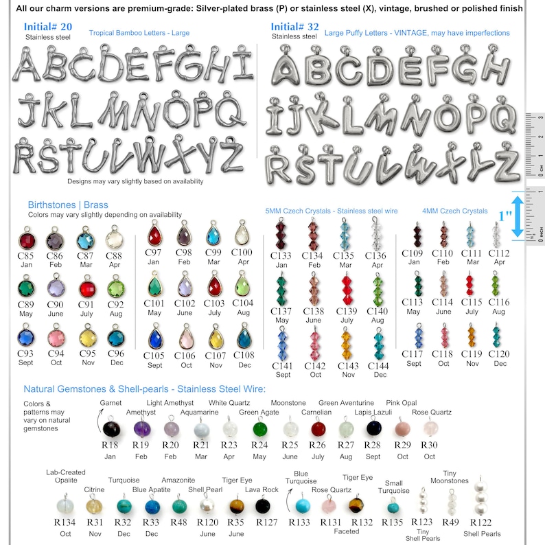 May include: A collection of silver-toned alphabet charms in two styles, labeled Initial 20 and 32, alongside various birthstone charms, Czech crystals, and natural gemstone beads. A 1-inch ruler is visible on the right for scale reference.