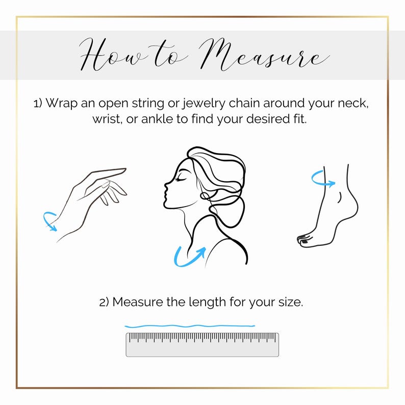 May include: An instructional graphic titled How to Measure with black line art illustrations. It shows a hand, a profile of a head, and an ankle with blue arrows indicating where to wrap a string. A ruler is shown below with the text 2) Measure the length for your size.