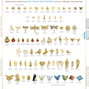 May include: A collection of gold-colored charms in various shapes, including butterflies, dragonflies, birds, and leaves. Some charms are hand-painted porcelain. The image includes text indicating the charms are anti-tarnish and waterproof.