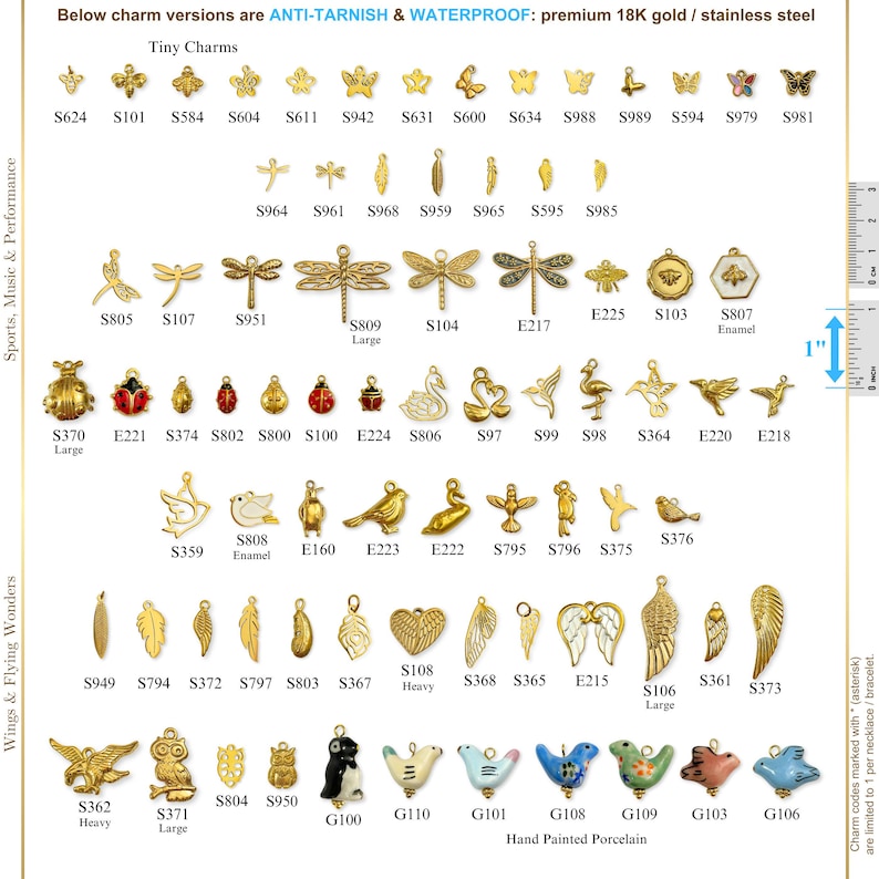 May include: A collection of gold-colored charms in various shapes, including butterflies, dragonflies, birds, and leaves. Some charms are hand-painted porcelain. The image includes text indicating the charms are anti-tarnish and waterproof.