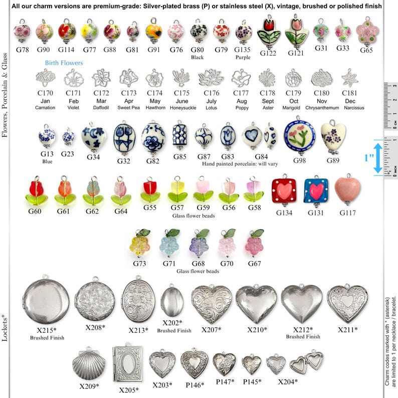 May include: A collection of jewelry charms including porcelain beads with floral patterns, silver-toned metal birth flower charms, glass flower beads, and various silver-plated or stainless steel lockets, with a 1-inch scale reference included.
