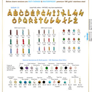 May include: A product display featuring gold-colored puffy letter charms, Czech crystals, and natural gemstones. The image includes a size reference of 1 inch. The text indicates the charms are anti-tarnish and waterproof, made of 18K gold or stainless steel.