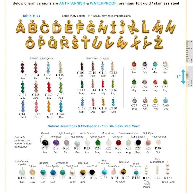 May include: A product display featuring gold-colored puffy letter charms, Czech crystals, and natural gemstones. The image includes a size reference of 1 inch. The text indicates the charms are anti-tarnish and waterproof, made of 18K gold or stainless steel.