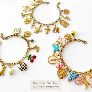 May include: Three gold-tone chain charm bracelets featuring various pendants including a letter N, a turtle, a cross, a dog, cherries, a checkered heart, a fish, and a blue bird. The text 18K Gold Steel Core Anti-Tarnish & Waterproof is visible.