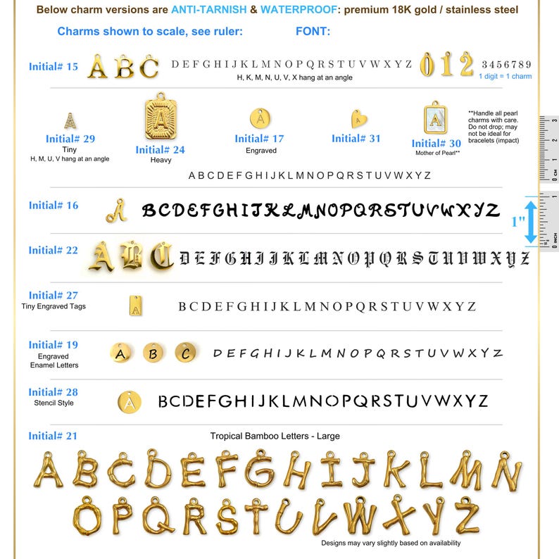 May include: A chart displaying various gold-colored initial charms and fonts. The image includes different styles of letters, numbers, and charm designs, with text indicating they are anti-tarnish and waterproof. A ruler is shown for scale.