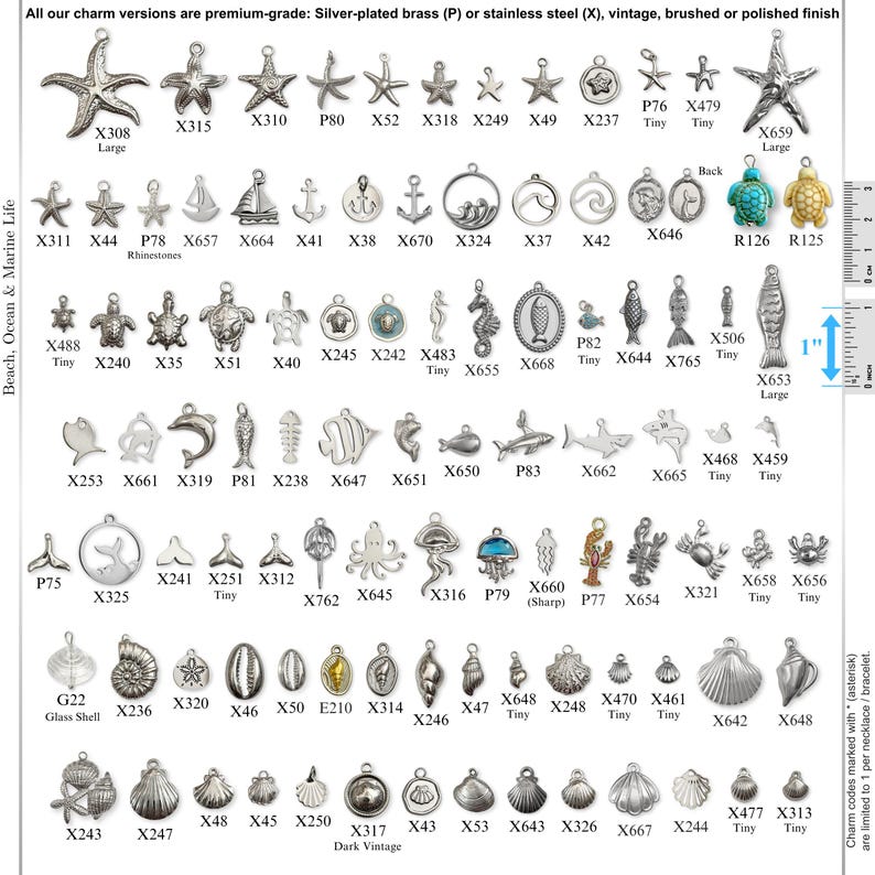 May include: A collection of silver-toned metal charms featuring ocean and beach themes, including starfish, turtles, shells, fish, and anchors. Each charm is labeled with a code. A 1-inch ruler is visible on the right side for scale reference.