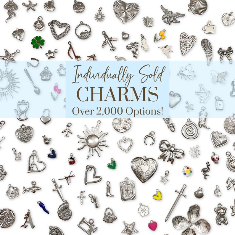 May include: A collection of assorted metal charms in various shapes including hearts, stars, animals, and symbols. A central light blue banner features the text Individually Sold CHARMS Over 2,000 Options! The charms are silver-toned with some colored accents.