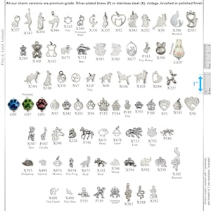 May include: A collection of silver-plated brass and stainless steel animal charms in various shapes including cats, dogs, bears, and paw prints. Each charm is labeled with a code and displayed next to a 1-inch ruler for scale reference.