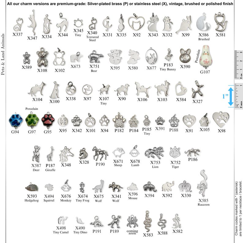 May include: A collection of silver-plated brass and stainless steel animal charms in various shapes including cats, dogs, bears, and paw prints. Each charm is labeled with a code and displayed next to a 1-inch ruler for scale reference.
