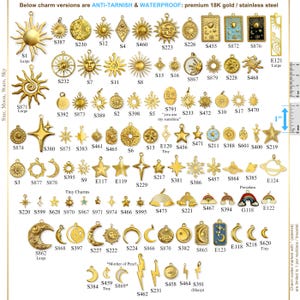 May include: A collection of gold-colored charms in various shapes, including suns, stars, moons, and lightning bolts. The charms are labeled with codes and are designed for necklaces or bracelets. The image includes a ruler for size reference.