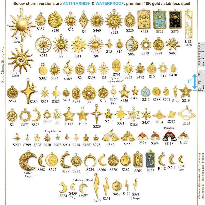 May include: A collection of gold-colored charms in various shapes, including suns, stars, moons, and lightning bolts. The charms are labeled with codes and are designed for necklaces or bracelets. The image includes a ruler for size reference.