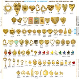 May include: A collection of gold-colored charms and pendants, including hearts, keys, padlocks, and other shapes. The image displays various designs, sizes, and styles, with some charms featuring intricate details. The text indicates the charms are anti-tarnish and waterproof.