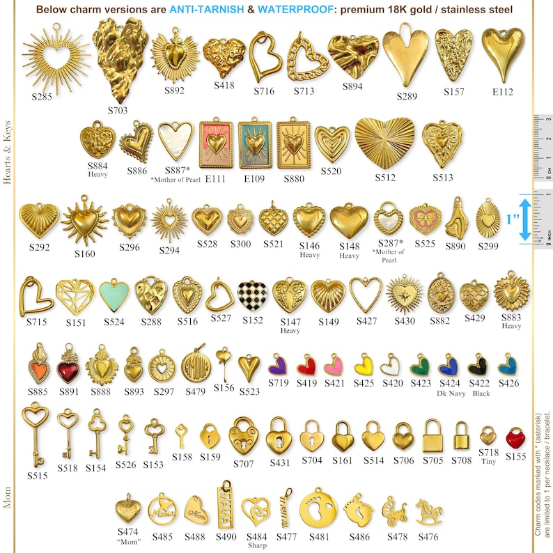 May include: A collection of gold-colored charms and pendants, including hearts, keys, padlocks, and other shapes. The image displays various designs, sizes, and styles, with some charms featuring intricate details. The text indicates the charms are anti-tarnish and waterproof.