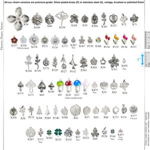 May include: A collection of metal and glass charms in various shapes including flowers, plants, and nature themes. Each charm is labeled with a code. A visible ruler on the right side indicates a scale of 1 inch for reference in this catalog display.