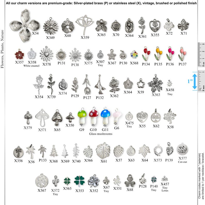 May include: A collection of metal and glass charms in various shapes including flowers, plants, and nature themes. Each charm is labeled with a code. A visible ruler on the right side indicates a scale of 1 inch for reference in this catalog display.