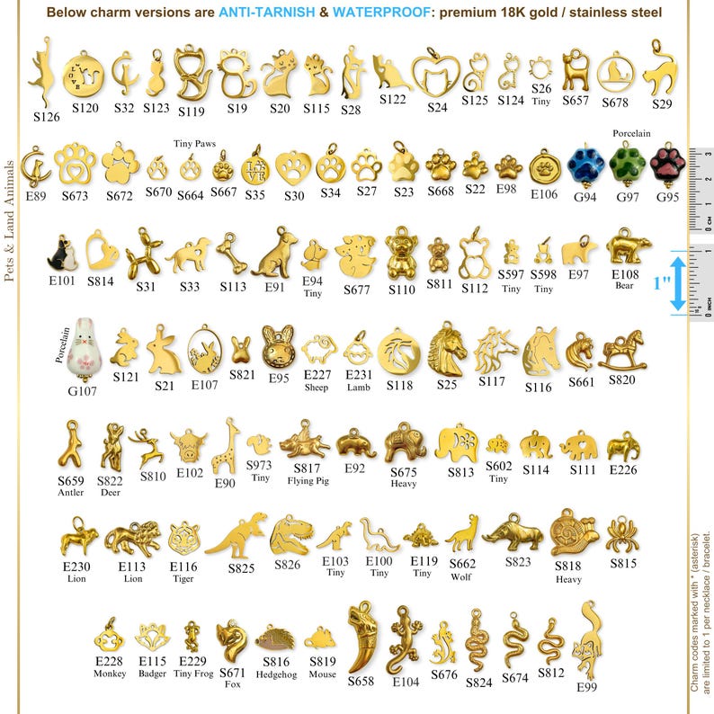 May include: A collection of gold-colored charm pendants in various animal and object shapes. The charms include animals like cats, dogs, and bears, as well as hearts, stars, and other designs. The text at the top says "ANTI-TARNISH & WATERPROOF: premium 18K gold / stainless steel."