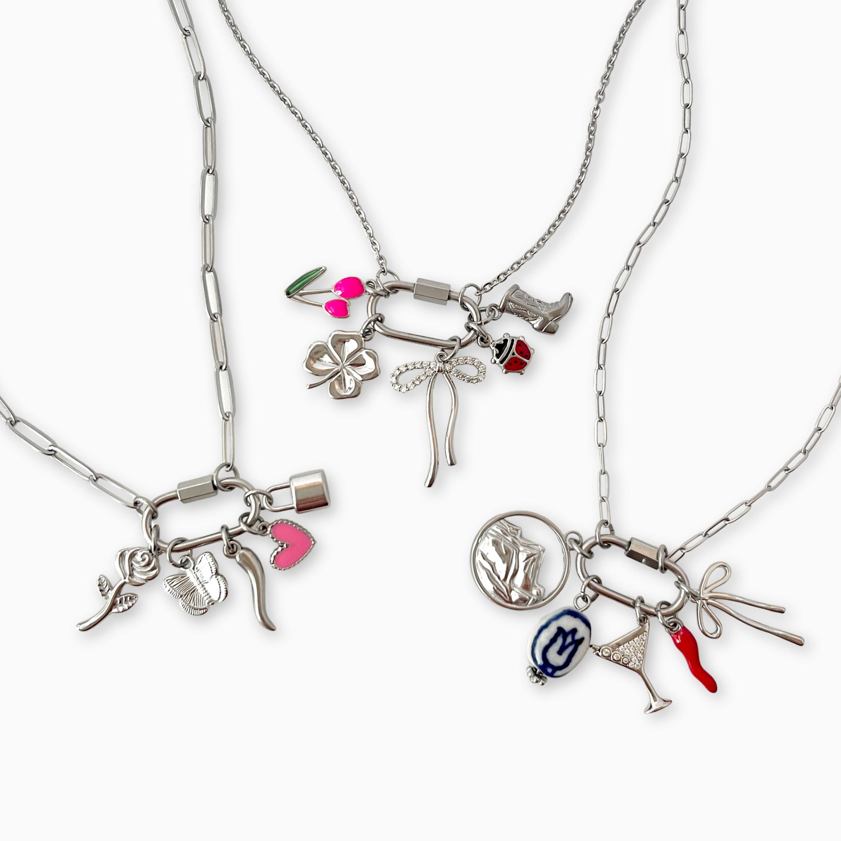 Custom Silver Carabiner Charm Necklace, Oval Charms Holder Clasp 