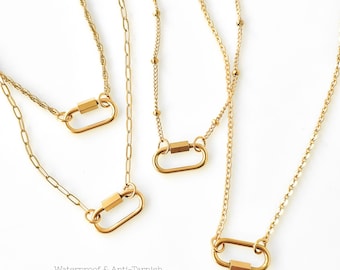 18K Gold Carabiner Necklace, Anti-Tarnish WATERPROOF, Oval Charm Holder, Layering Dainty Minimalist Chains Plated, Choose Custom Length